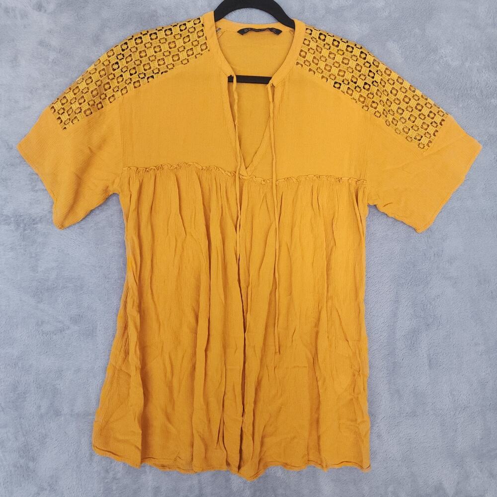 Zara Tunic Blouse Women's Medium Embroidered Mustard Yellow Boho